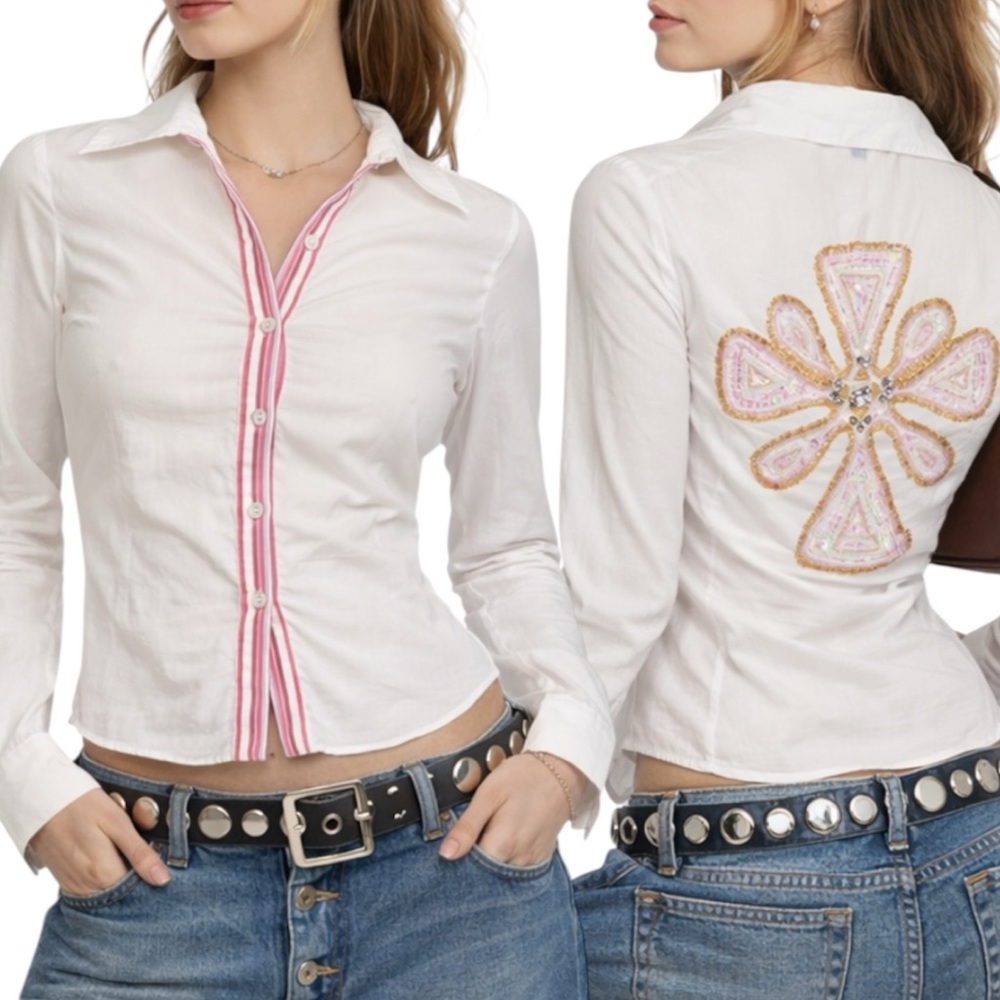 Y2K DOLLHOUSE Button Down Shirt Sequin Floral Cross Applique Preppy Western Sz M